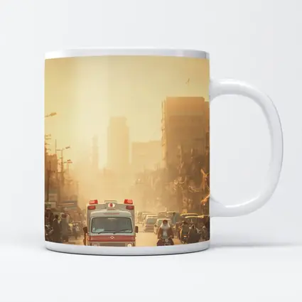 Ambulance Driving Through Hazy Indian City Street