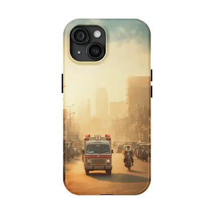 Ambulance Driving Through Hazy Indian City Street