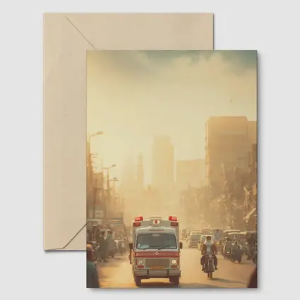 Ambulance Driving Through Hazy Indian City Street