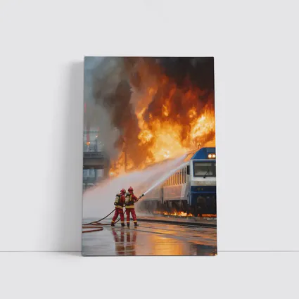 Firefighters Battling Burning Train Oil Painting