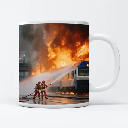 Firefighters Battling Burning Train Oil Painting