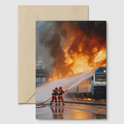 Firefighters Battling Burning Train Oil Painting
