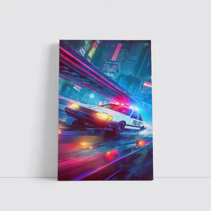 Police Car Speeding Through Neon Cyberpunk City