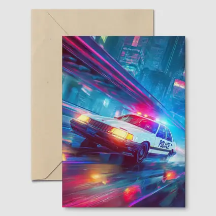 Police Car Speeding Through Neon Cyberpunk City