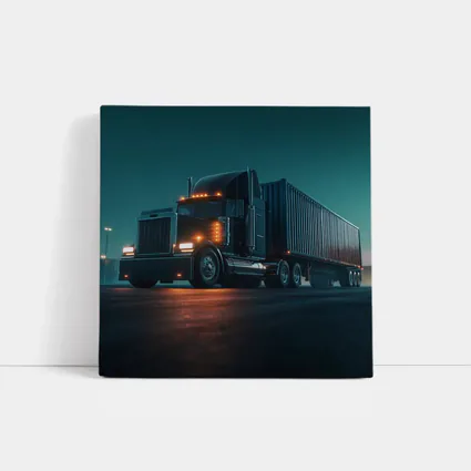 Black Semi Truck Glowing Night Parking Lot