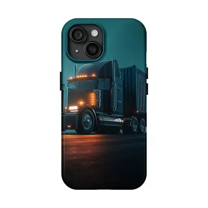 Black Semi Truck Glowing Night Parking Lot