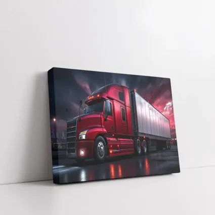 Red Semi Truck Dark Stormy Night Sky
