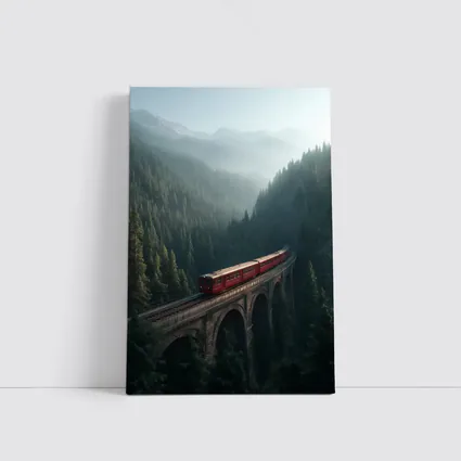 Red Train On Viaduct Misty Mountain Forest
