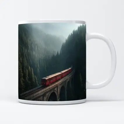 Red Train On Viaduct Misty Mountain Forest
