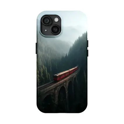 Red Train On Viaduct Misty Mountain Forest