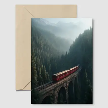 Red Train On Viaduct Misty Mountain Forest