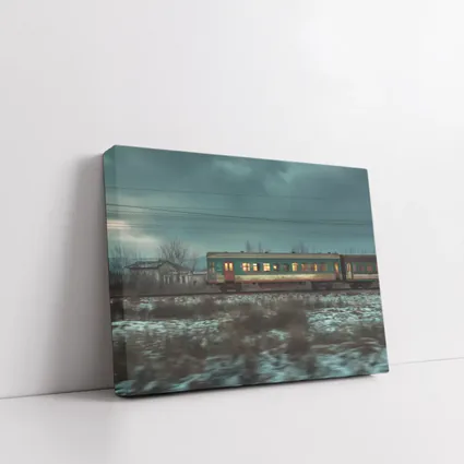Old Train Moving Through Snowy Winter Landscape