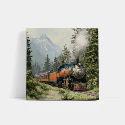 Vintage Steam Train Mountain Forest Illustration