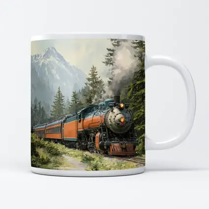 Vintage Steam Train Mountain Forest Illustration