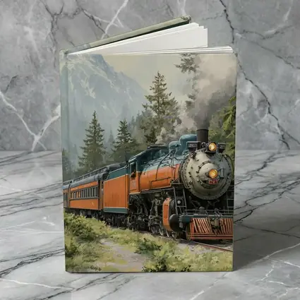 Vintage Steam Train Mountain Forest Illustration