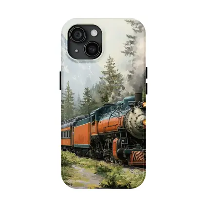 Vintage Steam Train Mountain Forest Illustration