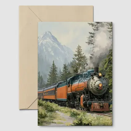 Vintage Steam Train Mountain Forest Illustration