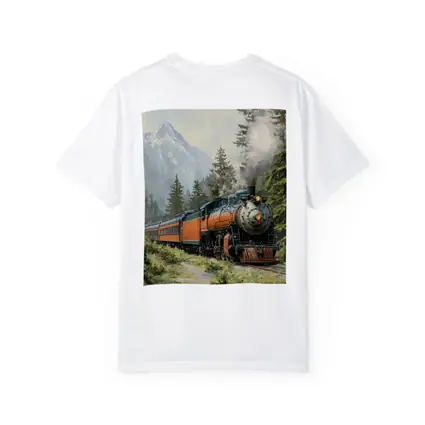 Vintage Steam Train Mountain Forest Illustration