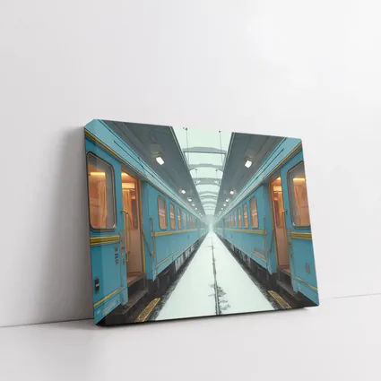Blue Train Cars Snowy Platform Symmetrical View