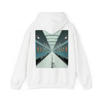 Blue Train Cars Snowy Platform Symmetrical View
