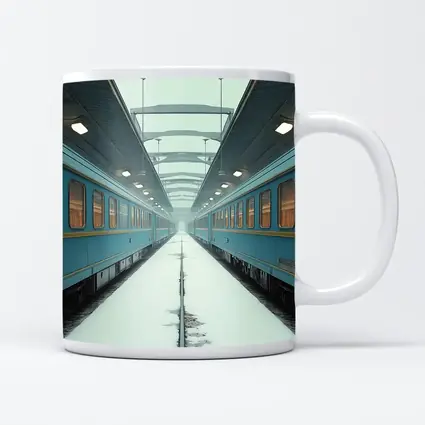 Blue Train Cars Snowy Platform Symmetrical View