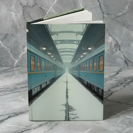 Blue Train Cars Snowy Platform Symmetrical View