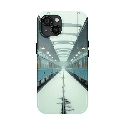 Blue Train Cars Snowy Platform Symmetrical View