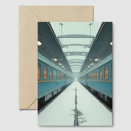 Blue Train Cars Snowy Platform Symmetrical View