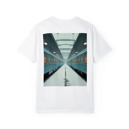 Blue Train Cars Snowy Platform Symmetrical View