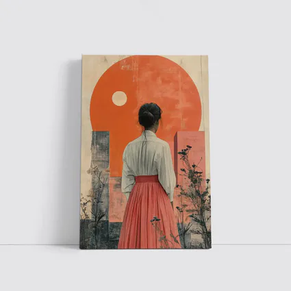 Woman Red Skirt Orange Sun Abstract Art
