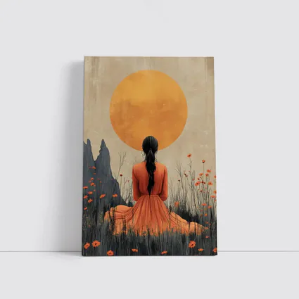 Woman in Orange Dress Golden Sun Field