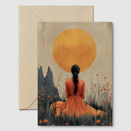 Woman in Orange Dress Golden Sun Field