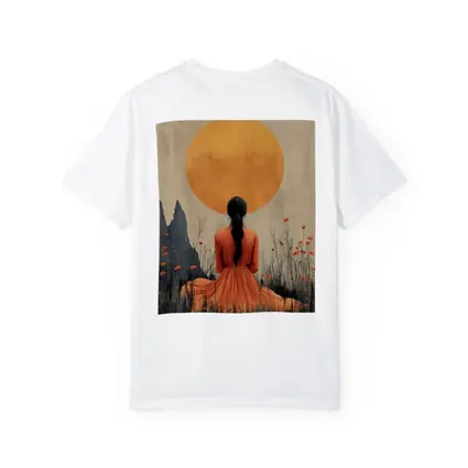 Woman in Orange Dress Golden Sun Field