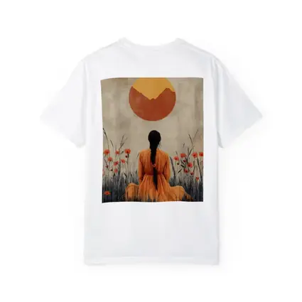 Woman in Orange Dress Poppy Field Sun
