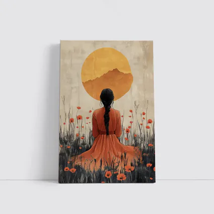 Woman Braided Hair Poppy Field Golden Sun