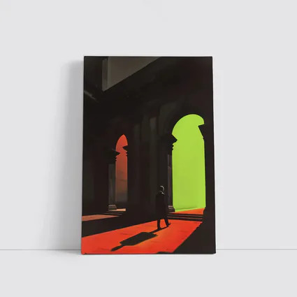 Silhouette Man Walking Through Classical Arched Corridor