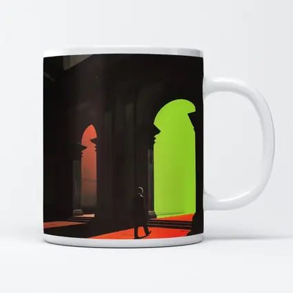 Silhouette Man Walking Through Classical Arched Corridor