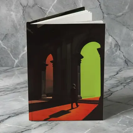 Silhouette Man Walking Through Classical Arched Corridor