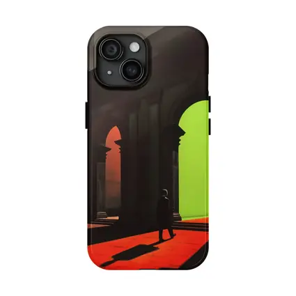 Silhouette Man Walking Through Classical Arched Corridor