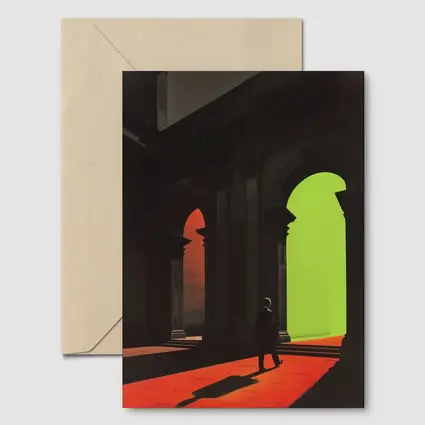 Silhouette Man Walking Through Classical Arched Corridor