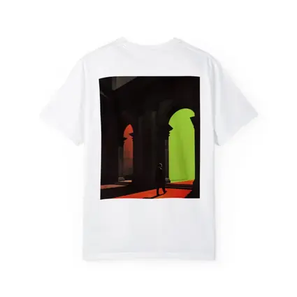 Silhouette Man Walking Through Classical Arched Corridor