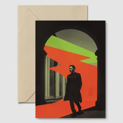 Man in Black Coat Neon Geometric Arch
