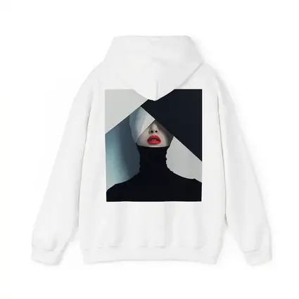 Woman Red Lips Black Turtleneck Geometric Background