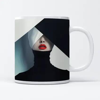 Woman Red Lips Black Turtleneck Geometric Background