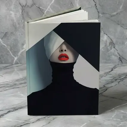 Woman Red Lips Black Turtleneck Geometric Background