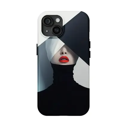Woman Red Lips Black Turtleneck Geometric Background