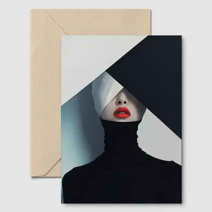 Woman Red Lips Black Turtleneck Geometric Background