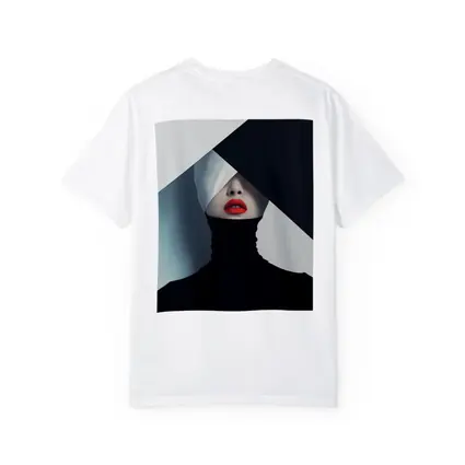 Woman Red Lips Black Turtleneck Geometric Background
