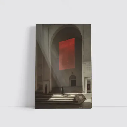 Lone Figure Red Banner Cathedral Interior