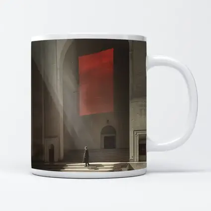 Lone Figure Red Banner Cathedral Interior